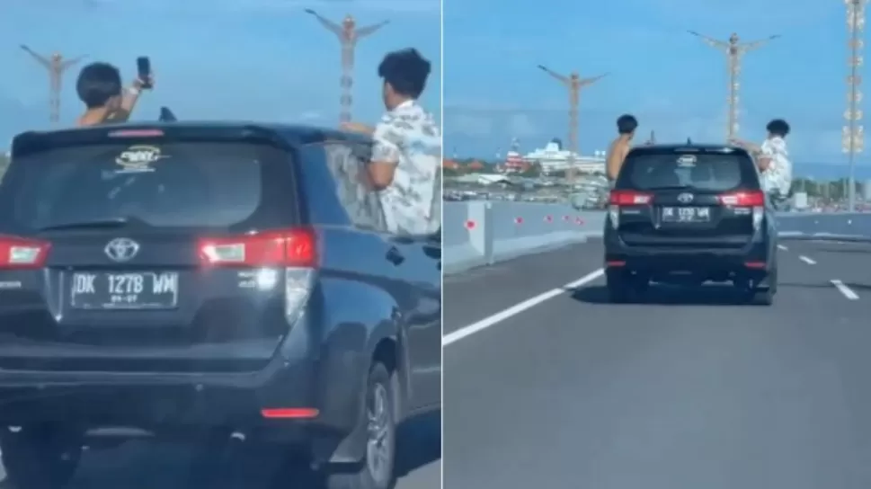 Viral! Dua Pemuda Lakukan Aksi Berbahaya di Tol Bali Mandara, Mengeluarkan Tubuh Saat Mobil Melaju